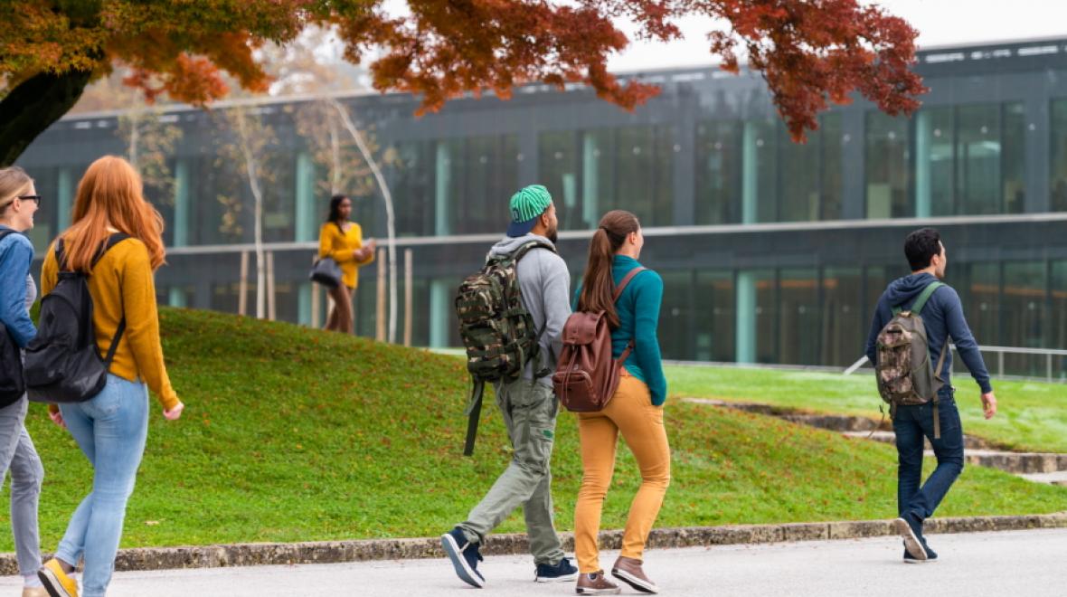 Young adults walking on a college campus