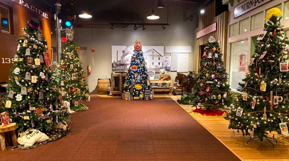 Holiday tress decorated and set up for White River Valley Museum's festival of trees free family fun Seattle holiday outings