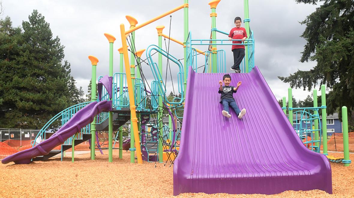 The giant purple slide at the updated playground at Renton's Cascade Park