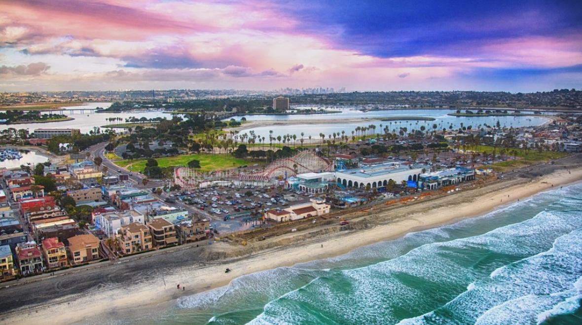 Aerial view of San Diego's Belmont Park in Mission Beach best things to do in San Diego with kids