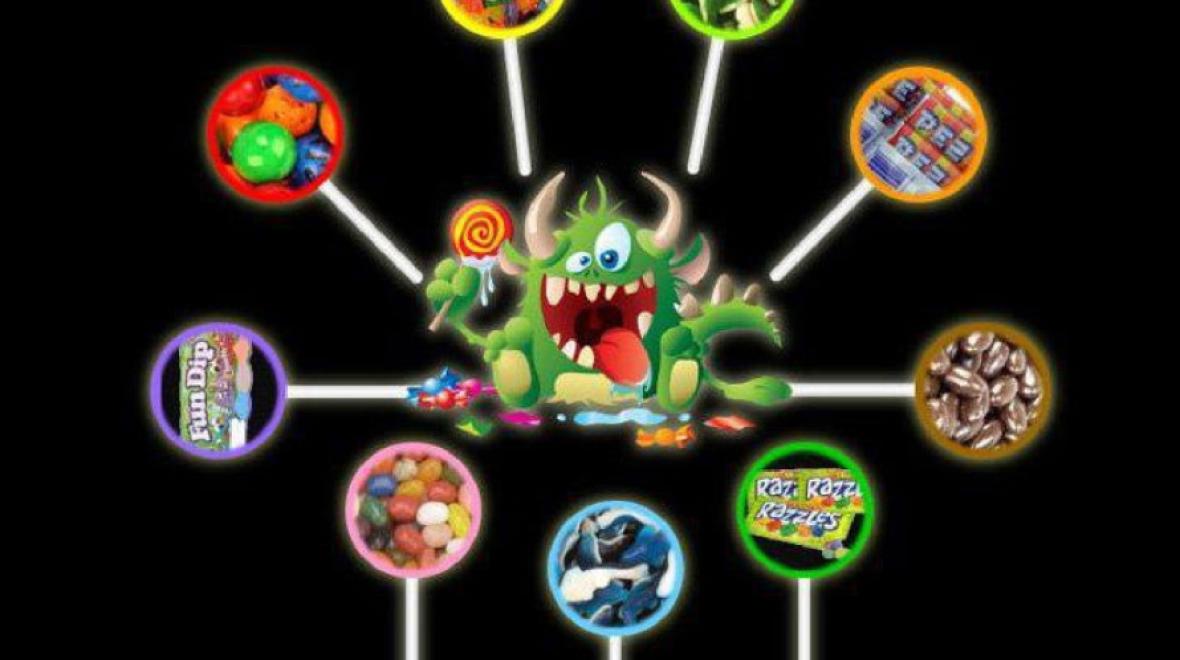 Candy time monster with candy all around it 