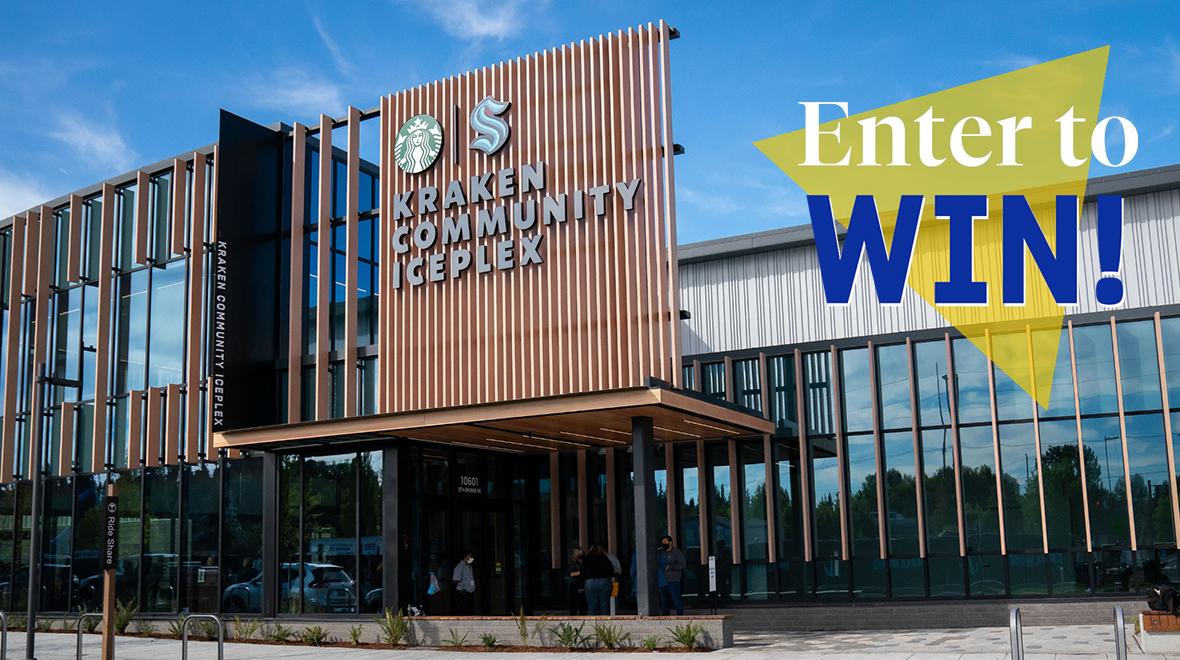 "Enter to Win!" text over Seattle Kraken Community Iceplex building