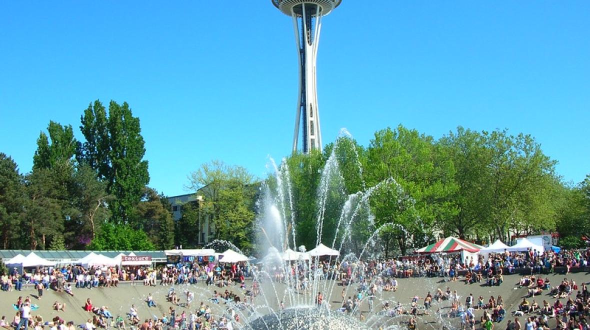 Seattle space needle and crowd at the foundation during NW Folk Life, seattle's biggest music fest of the year