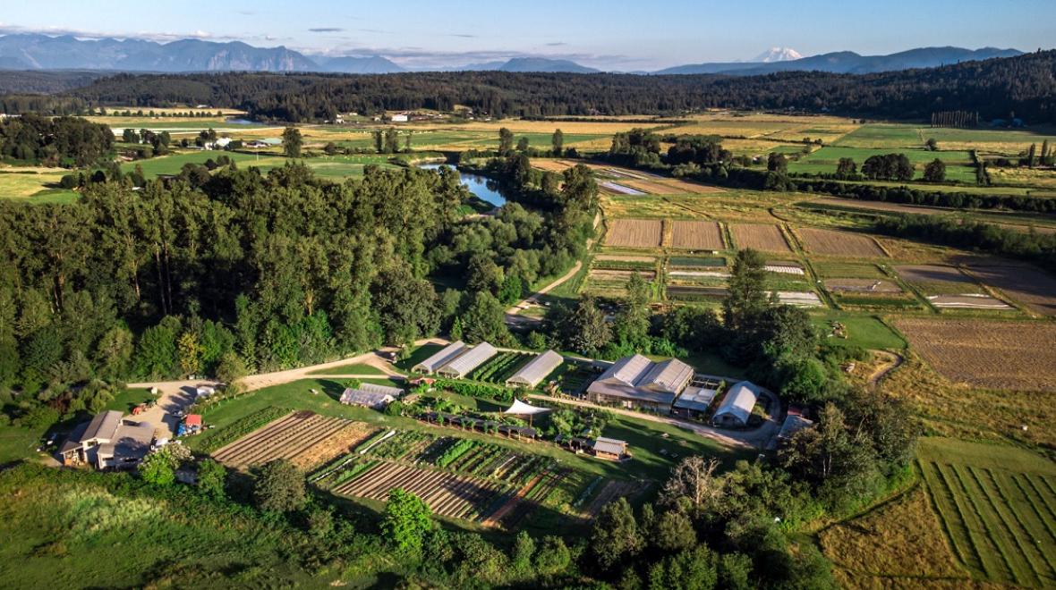 Aerial view of Oxbow Farm and Conservation Center in Carnation, Wash., near Seattle, among sweet farms to visit with kids