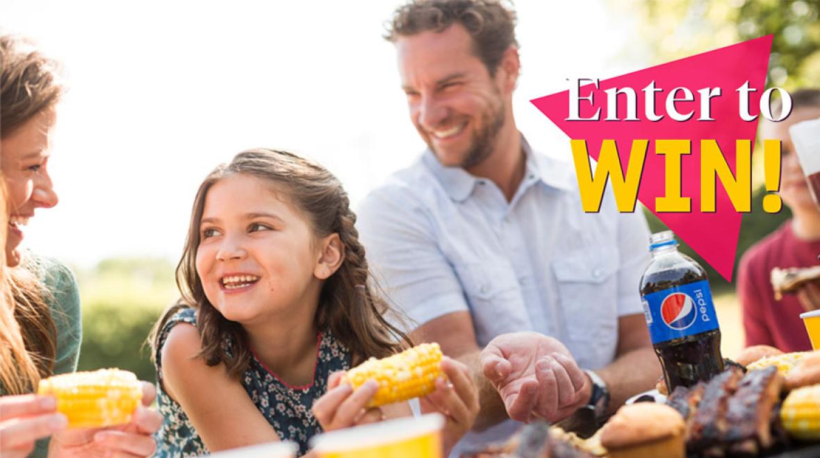 "Enter to Win!" text over family enjoying barbecue