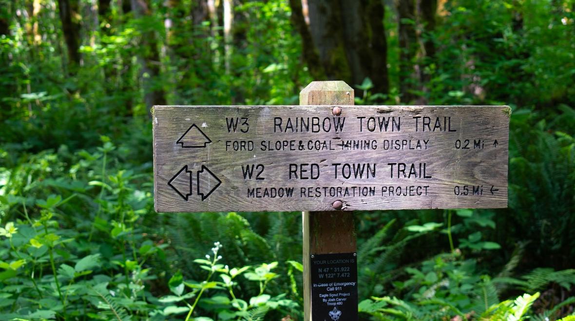 Among ghost town hikes near Seattle, a sign in Cougar Mountain Regional Wildlands points the way to the Red Town Trail and Rainbow Town Trail