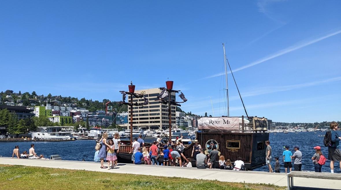 Families get ready to board the pirate ship for Emerald City Pirates' Family Treasure Cruise