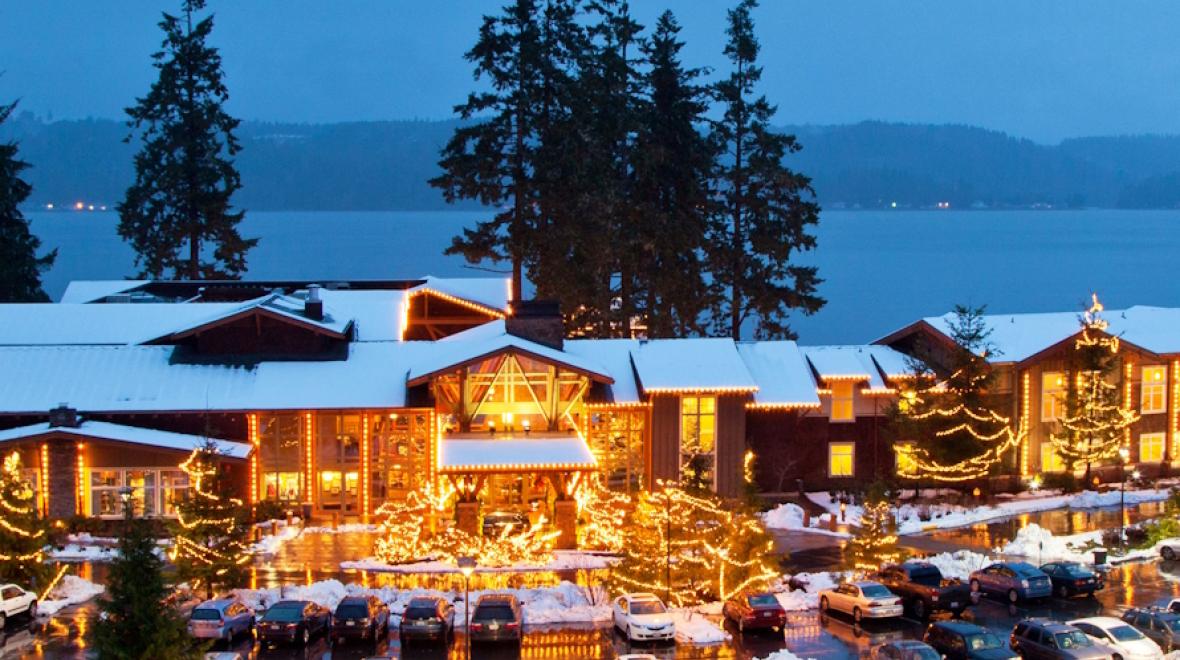 Alderbrook Resort with snow and holiday lights