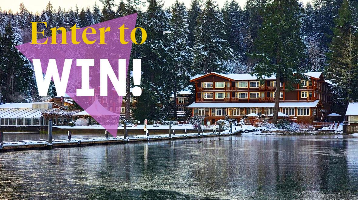 "Enter to Win!" text over waterfront Alderbrook Resort on snowy day