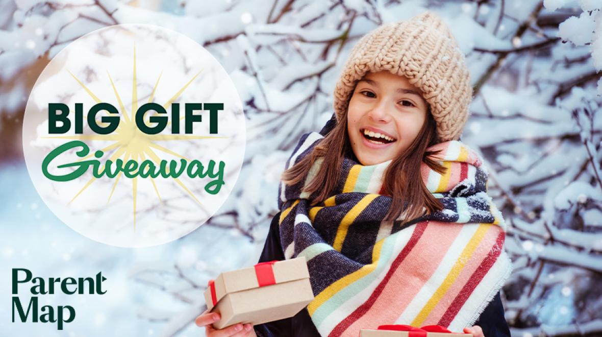 "BIG GIFT Giveaway" text over snowy background and young girl with a present