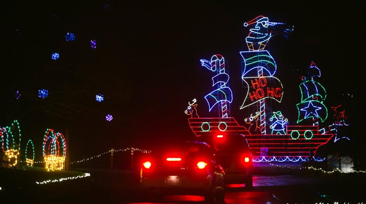 Fantasy Light drive-through holiday light display lighted ship in Spanaway Park