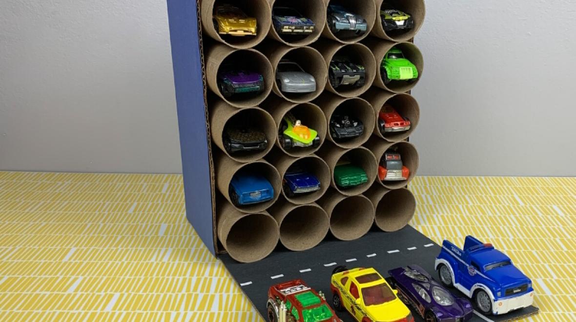 Parking garage for toy cards made out of cardboard