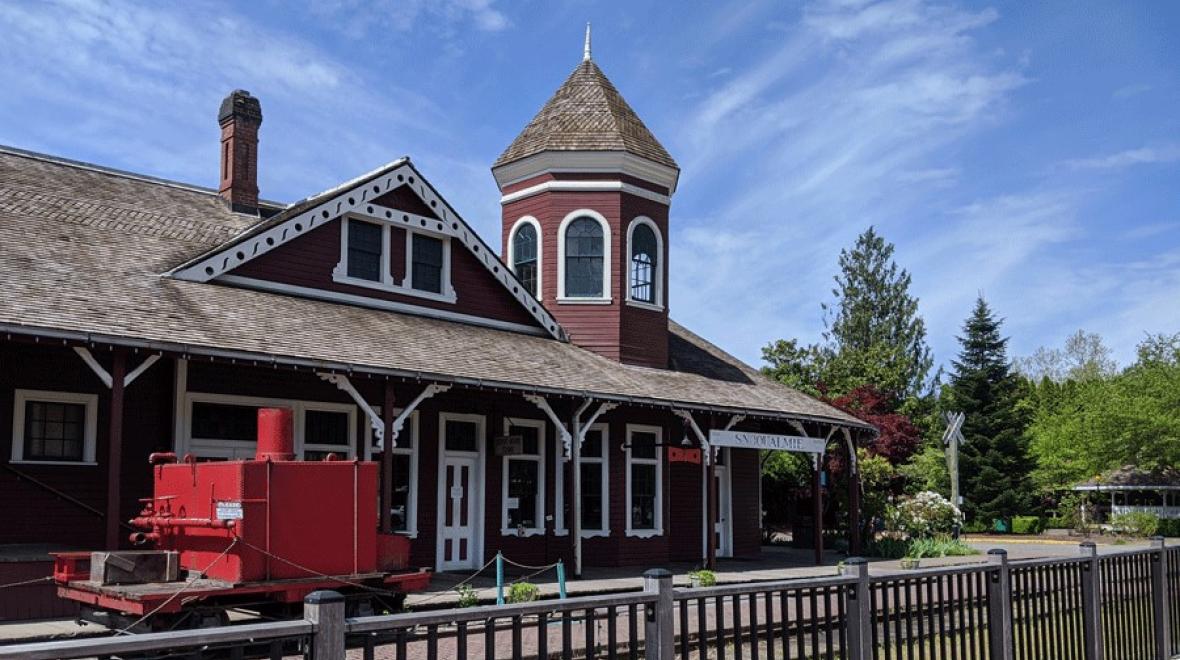 The view of the train tracks outside the Northwest Railway Museum in Snoqualmie