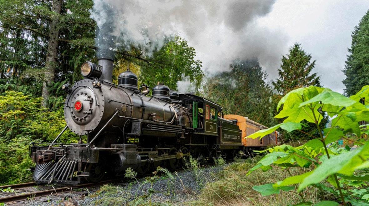 Mount Rainier Scenic Railroad steam engine on the tracks for a Seattle train adventure