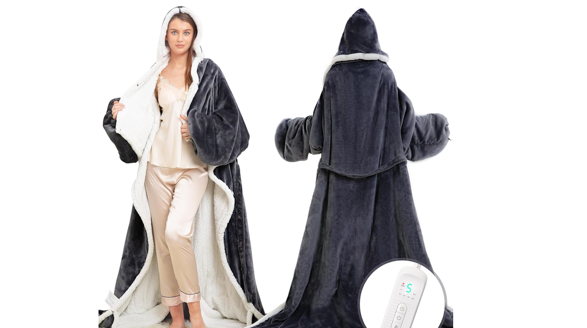 woman wearing a heated blanket robe