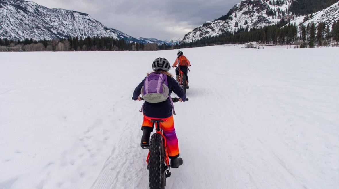 kids riding fat bikes in the snow during mid-winter break