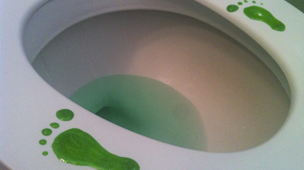 green footprints on a toilet