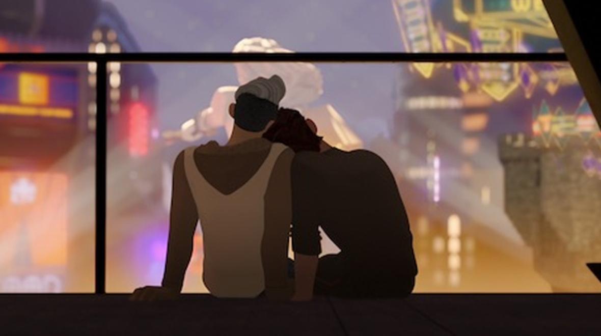 characters from "Nimona" sitting together 