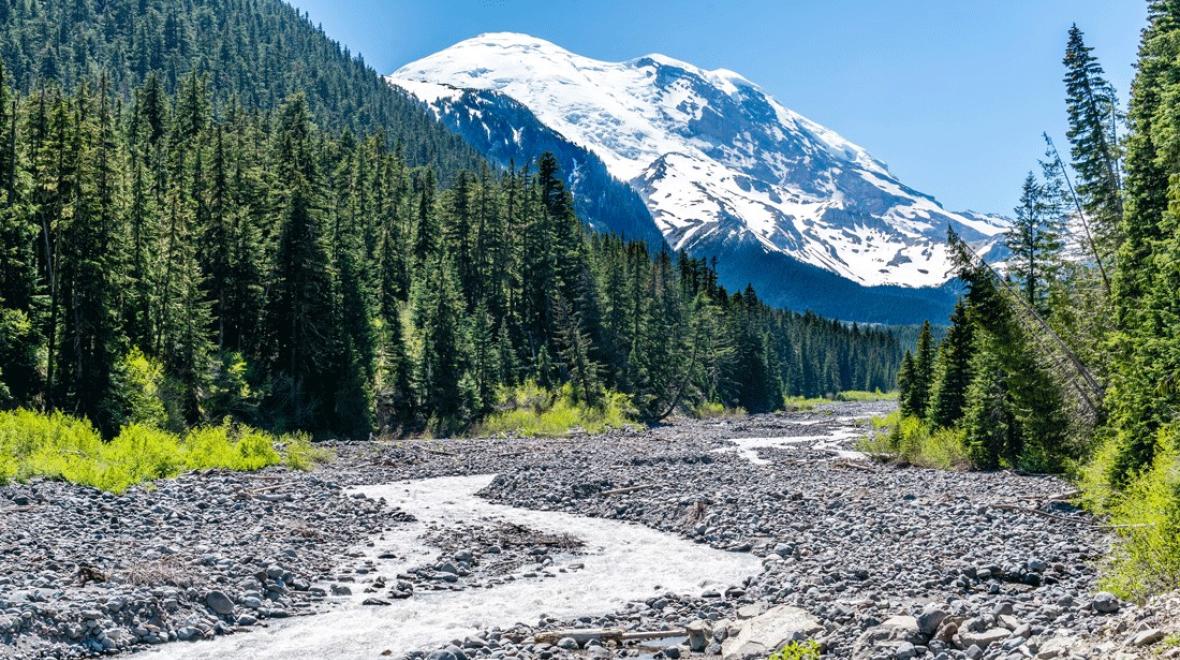 view of White River flowing down from Mount Rainier