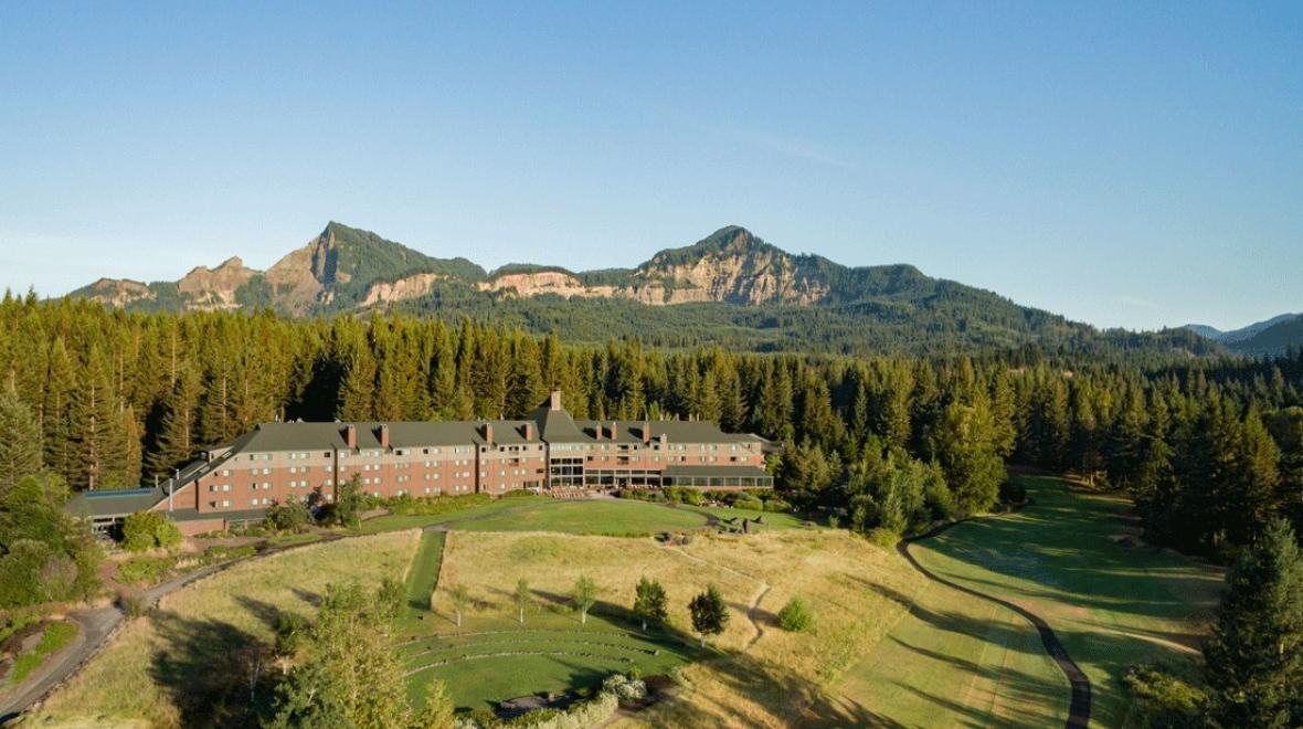 aerial view of Skamania Lodge, a kid-friendly lodge in southern Washington