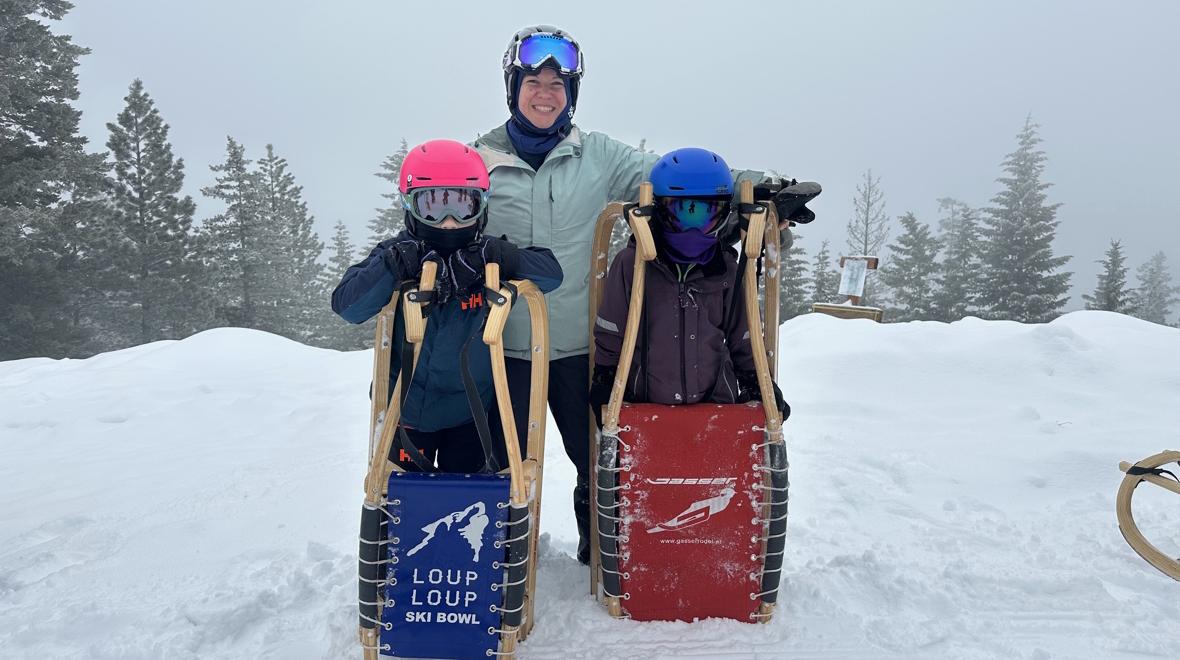 mom and two kids in the snow at Loup Loup
