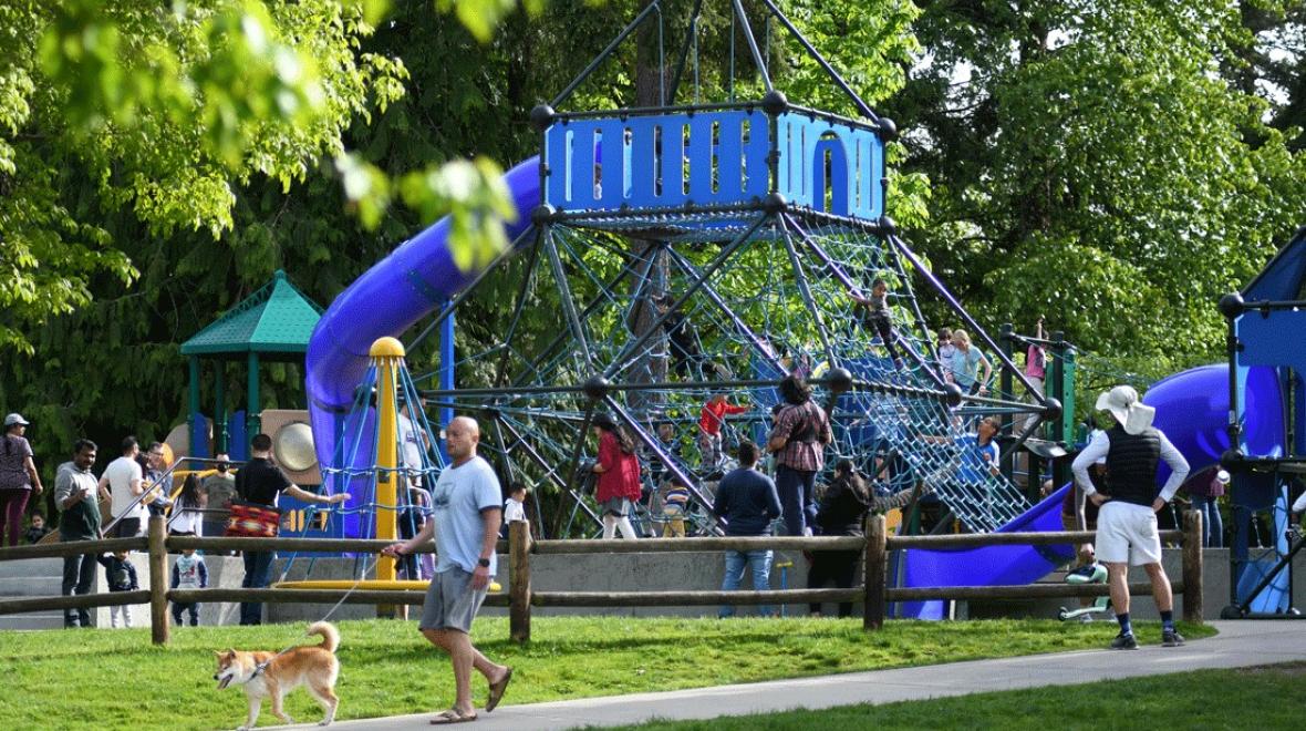 families on staycation in Redmond playing on the playground at Grass Lawn Park