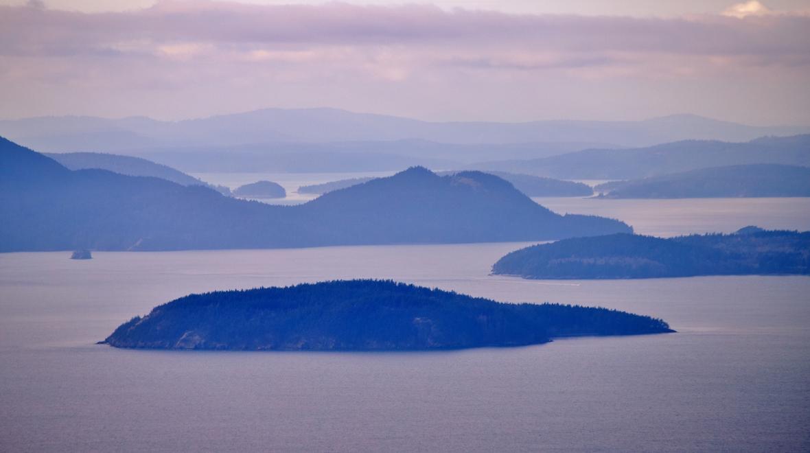 A view of the San Juan Islands on a winter's day from the top of the Oyster Dome in the Chuckanut Mountains of WA