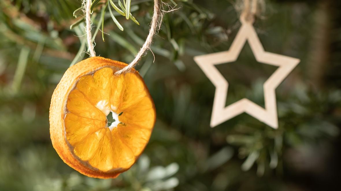 Dried orange slice ornament on a Christmas tree