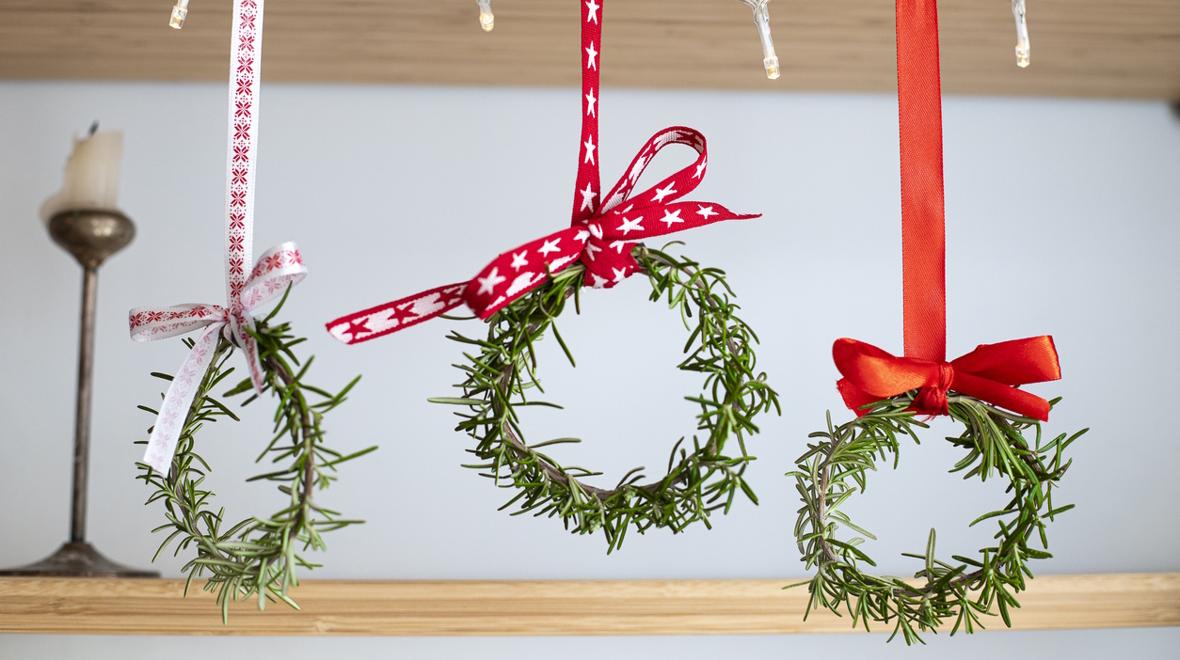 small wreaths made of rosemary