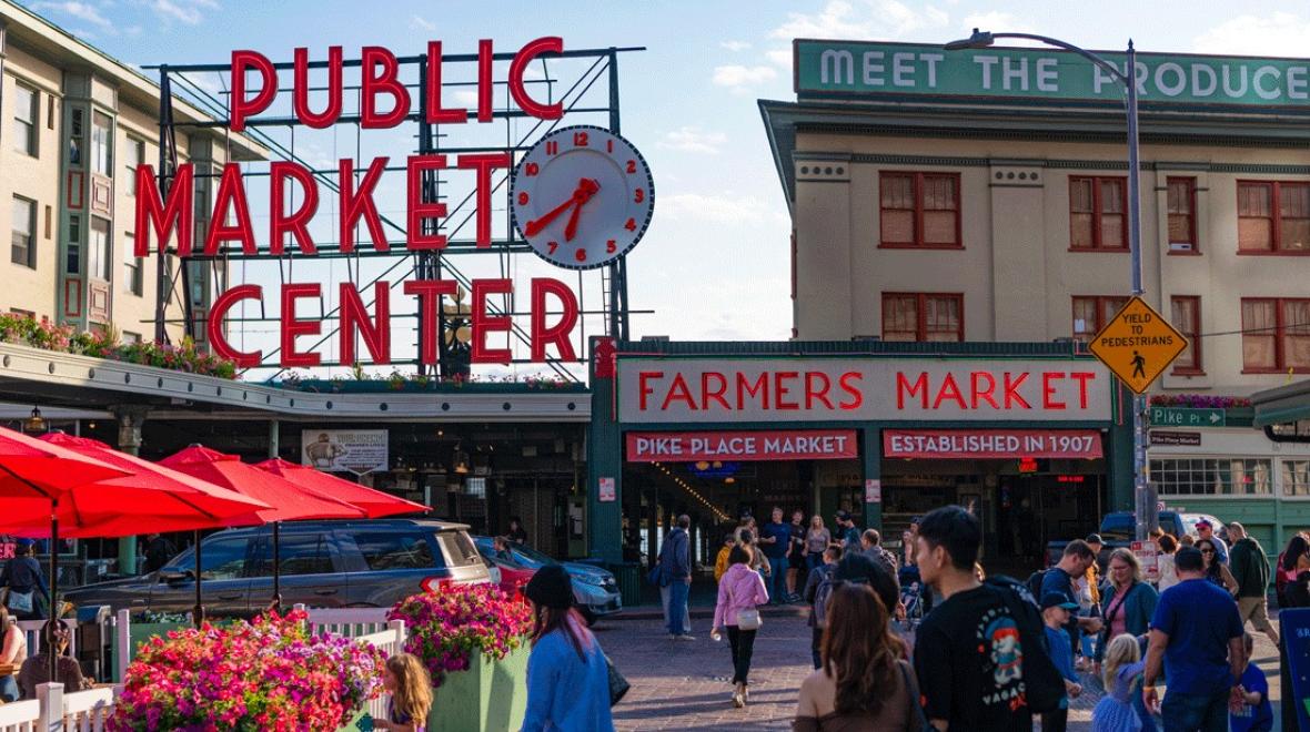 exterior view of Pike Place Market, a place to explore on a food tour with kids in Seattle