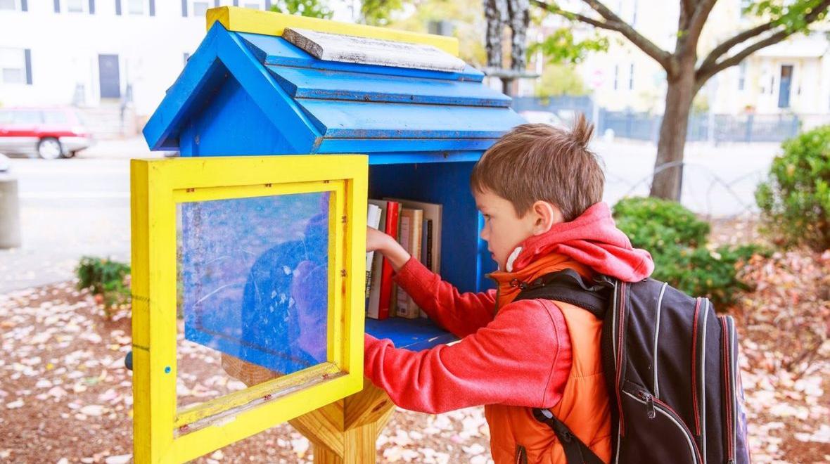 little boy looking at free books on the street