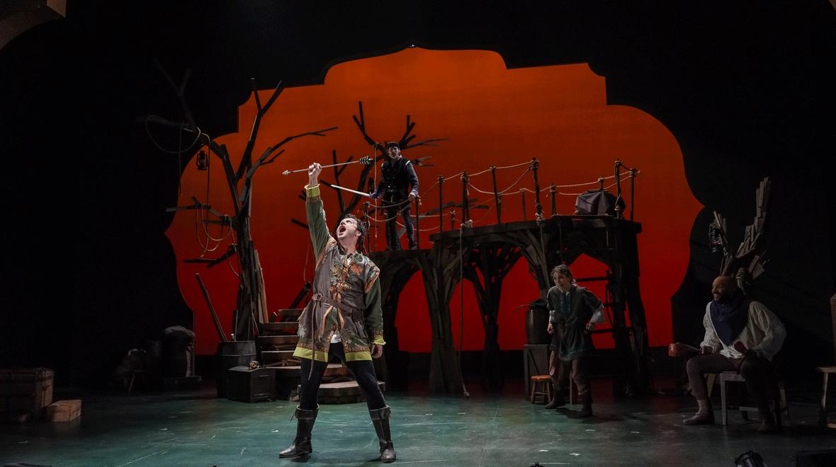 Robin Hood catches an arrow onstage during Seattle Children's Theatre's newest production