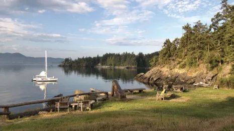 Sailboat in the bay near grassy shoreline at Doe Bay