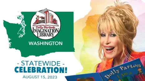 Dolly Parton and an image of WA state