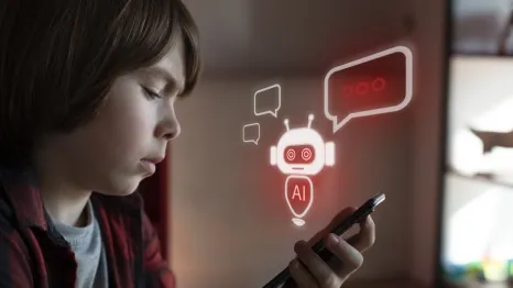 child looking at a phone using an AI chatbot