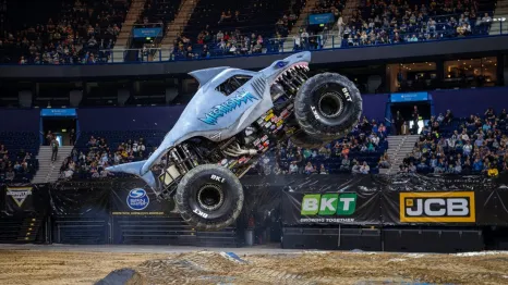 megalodon monster truck in the air during Monster Jam, a family-friendly activity near Seattle happening this weekend