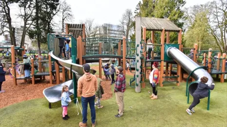 wright park playground reopening celebration with families playing