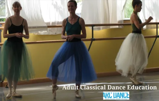 Three women dressed in ballet dress learn classical dance  at ARC Dance