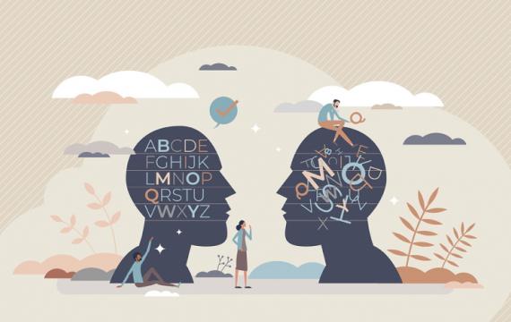 Drawing of two silhouette heads with letters and numbers inside