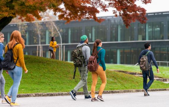 Young adults walking on a college campus