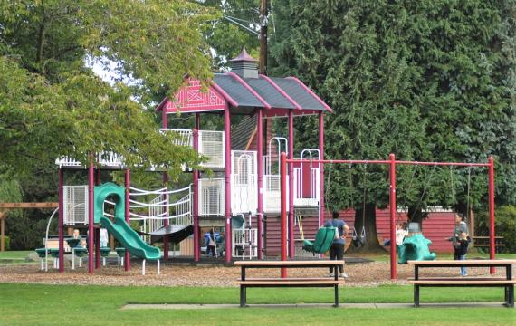 Kids play on the barn-themed play structure at Jennings Memorial Park in Everett, Wash., near Seattle. Best weekend events for families