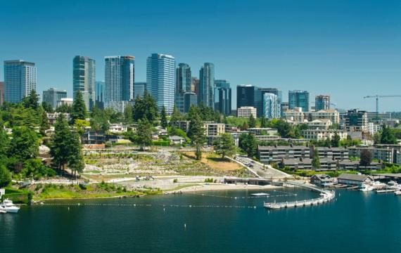 aerial view of downtown bellevue skyline and meydenbauer park