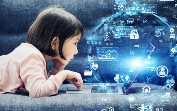 girl on a couch using a computer with AI