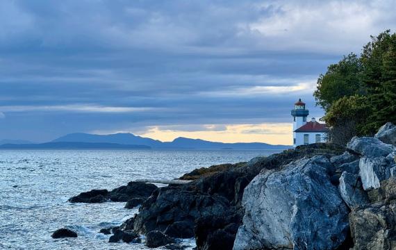 view of the water and lighthouse at Lime Kiln Point State Park