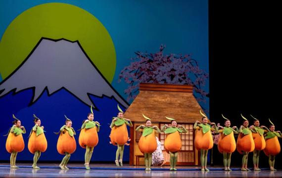 Pacific Northwest Ballet School students as peaches in the world premiere production of Jessica Lang’s Momotaro. 