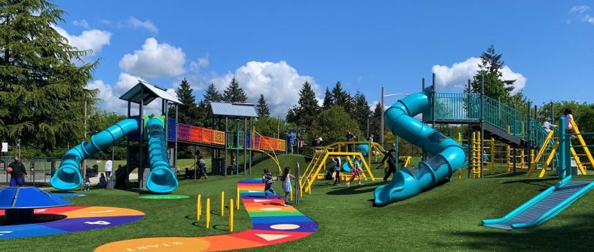 The colorful new play structures at Kent's West Fenwick Park near Seattle best new playgrounds of 2021 kids families Seattle Bellevue Tacoma Puget Sound area
