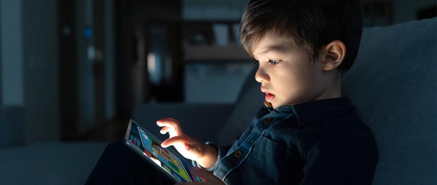 Boy sitting on the couch playing games on a tablet.
