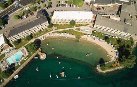Aerial view of Campbell's Resort on Lake Chelan, sunny vacation destination in central Washington perfect for Seattle-area families