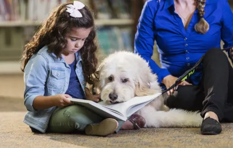 kid and dog at library