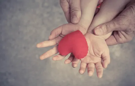 child's hands holding a plush heart